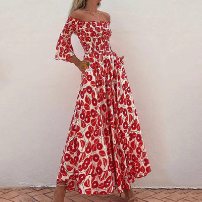 Vanessa - Off-the-shoulder Flower Maxi Dress with Flared Sleeves