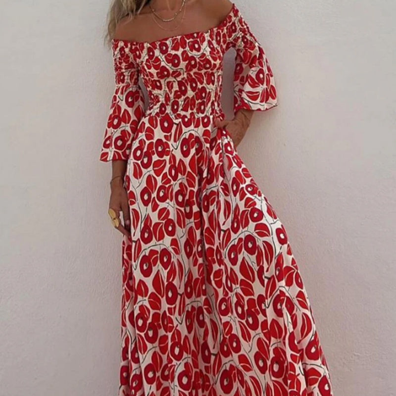 Vanessa - Off-the-shoulder Flower Maxi Dress with Flared Sleeves