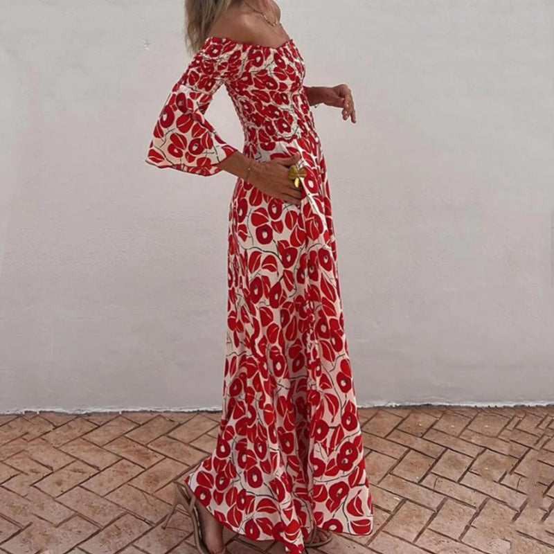 Vanessa - Off-the-shoulder Flower Maxi Dress with Flared Sleeves