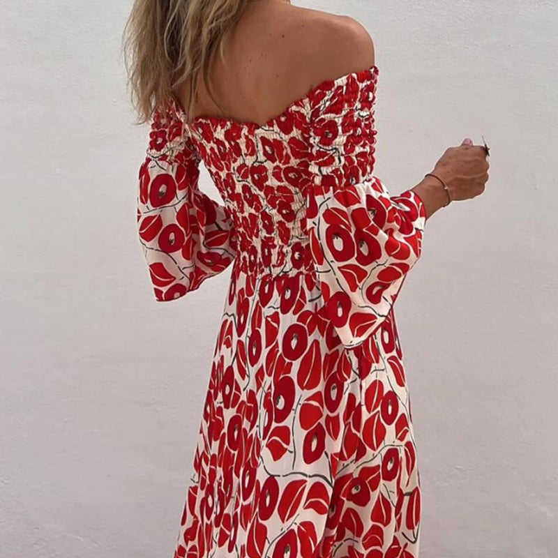 Vanessa - Off-the-shoulder Flower Maxi Dress with Flared Sleeves