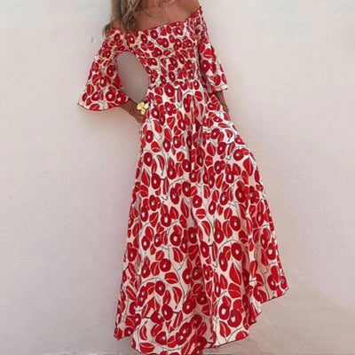 Vanessa - Off-the-shoulder Flower Maxi Dress with Flared Sleeves