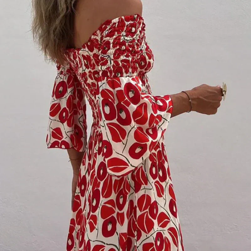 Vanessa - Off-the-shoulder Flower Maxi Dress with Flared Sleeves