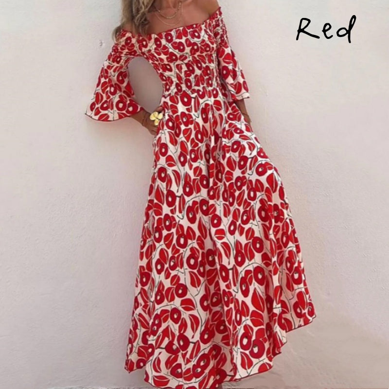 Vanessa - Off-the-shoulder Flower Maxi Dress with Flared Sleeves